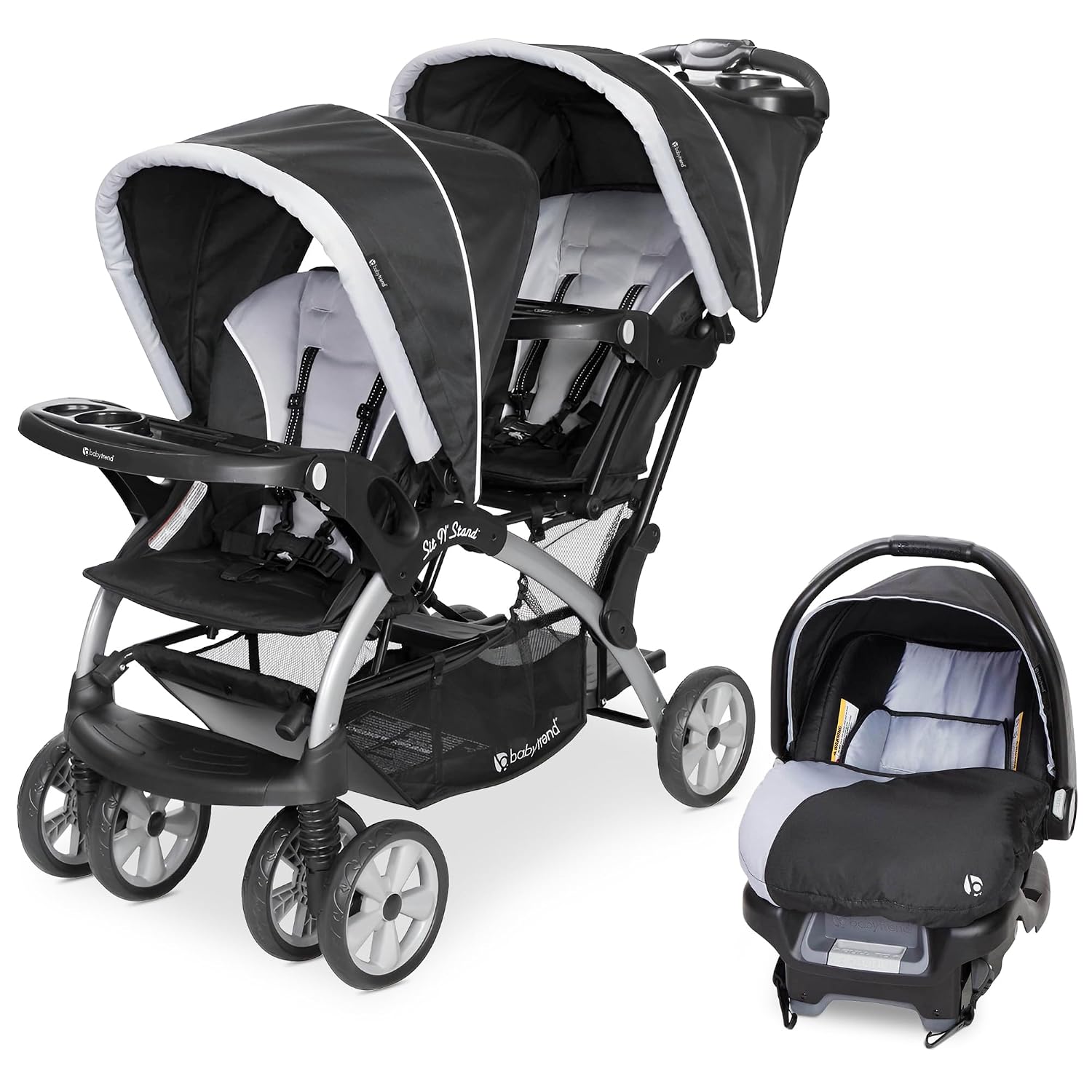 Baby Trend Infant and Toddler Double Stroller & Car Seat Combo, 2 Pc Set, Stormy - Portable and Lightweight Stroller Duo and Car Seat Travel System Tandem