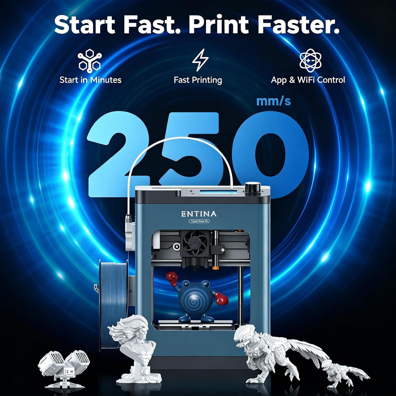 Entina Tina2 Plus Smart 3D Printers with 250MM/S Fast Printing, Fully Assembled, 3D Printer for Kids and Beginners with WiFi High Precision 3D Printing, Auto Leveling Mini 3D Printer with PEI Platform