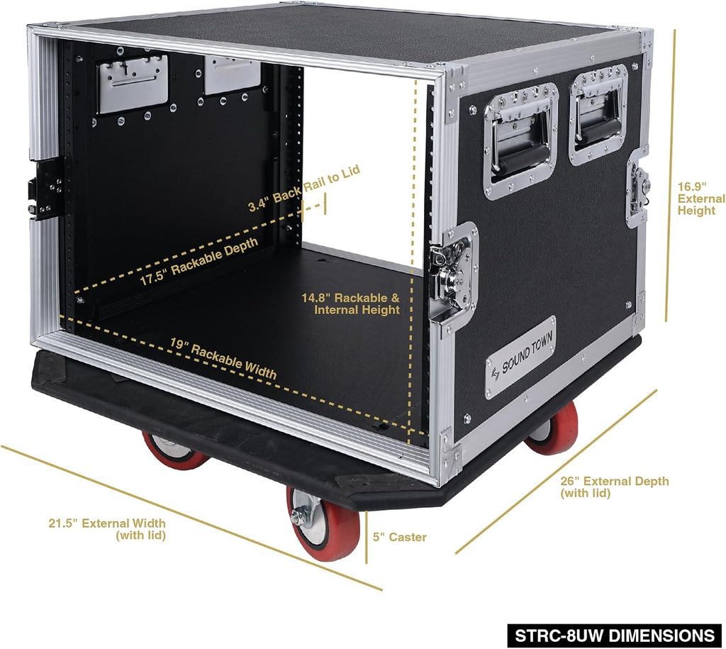 Sound Town 8U PA/DJ Rack/Road Case, 8-Space, with 21' Rackable Depth, Casters, Plywood, Metal Ball Corners - Pro Tour Grade (STRC-8UW)