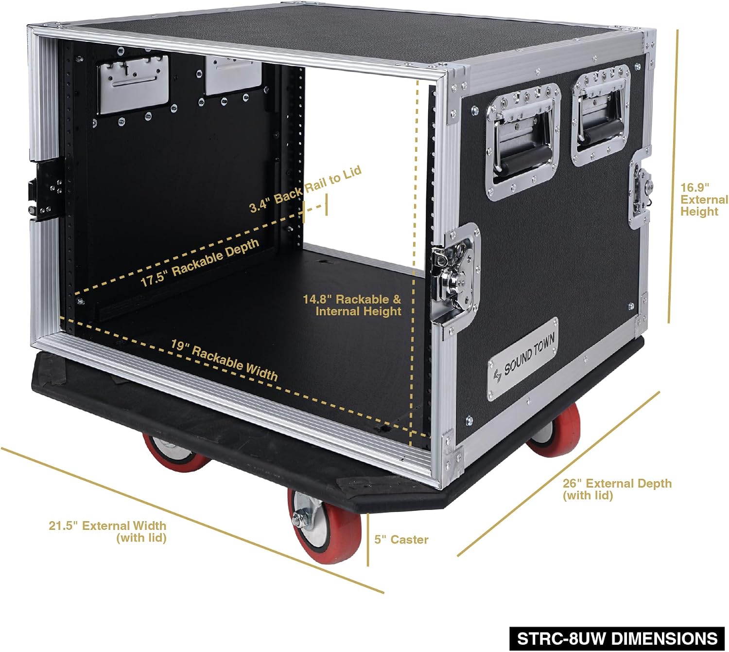 Sound Town 8U PA/DJ Rack/Road Case, 8-Space, with 21' Rackable Depth, Casters, Plywood, Metal Ball Corners - Pro Tour Grade (STRC-8UW)
