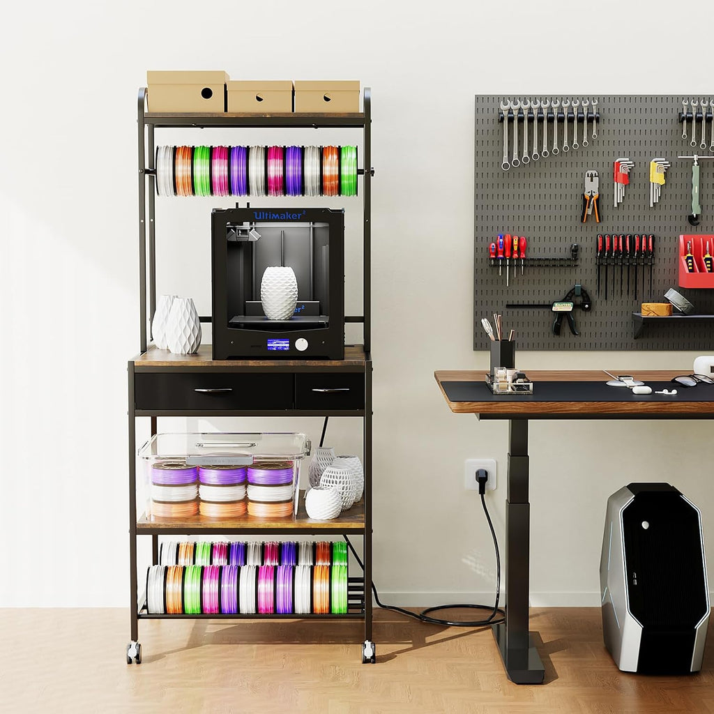 RoleDes Heavy Duty 3D Printer Stand with Filament Rack & Spool Holder System,Drawer Tool Storage with Adjustable Shelves, Large Printing Table & Workstation with Wheels