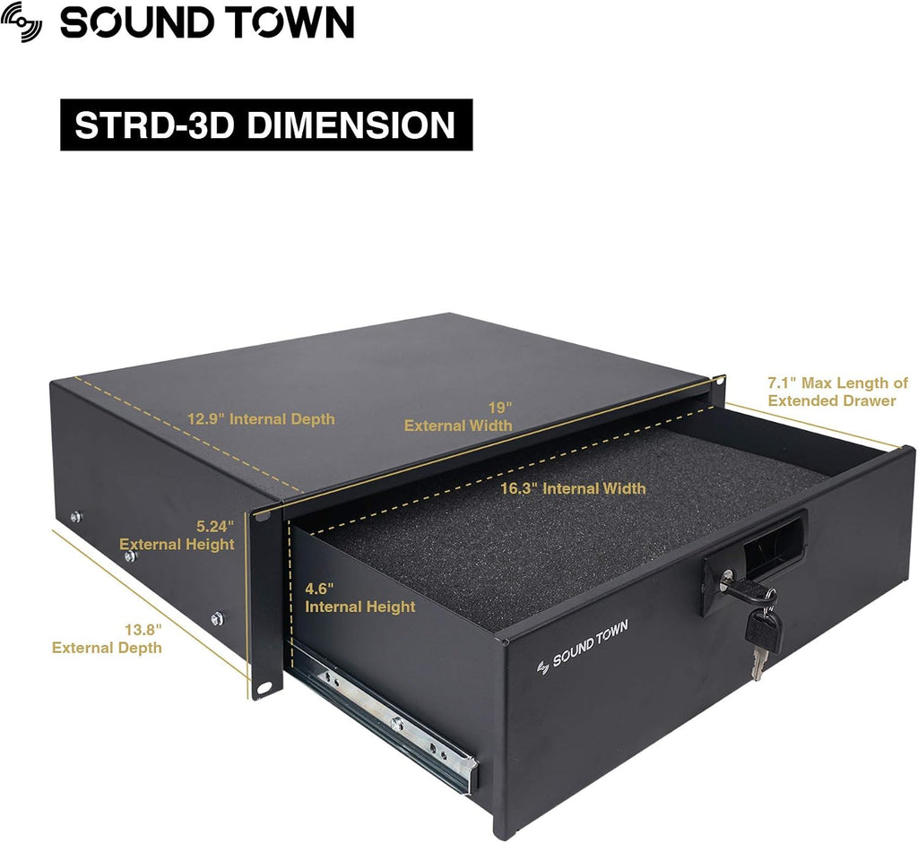 Sound Town Heavy-Duty 1/2' (12mm) Plywood 14U PA DJ Pro Audio Rack/Road ATA Case with 11U Slant Mixer Top, Locking Drawer, Side Table, 20'' Rackable Depth and Casters (STMR-14TD3)