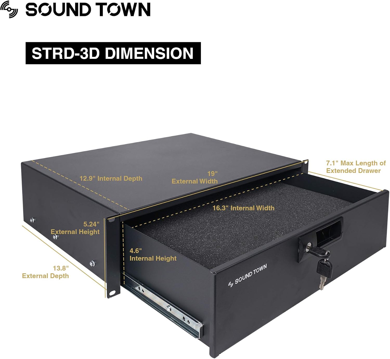 Sound Town Heavy-Duty 1/2' (12mm) Plywood 16U PA DJ Pro Audio Rack/Road ATA Case with 11U Slant Mixer Top, Locking Drawer, Side Table, 20'' Rackable Depth and Casters (STMR-16TD3)