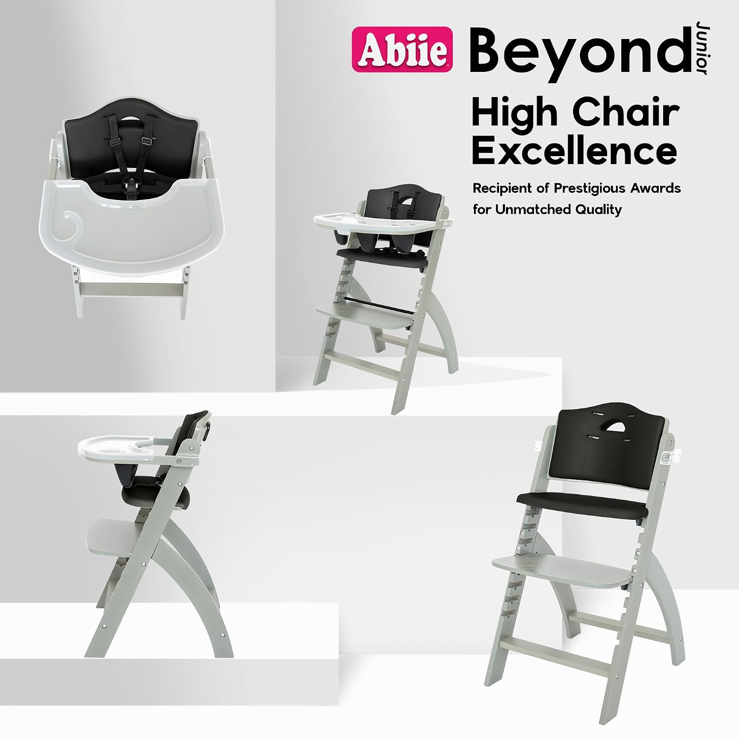 Abiie Beyond Junior Wooden High Chair for Babies and Toddlers - Convertible 3-in-1 Baby Highchair with Removable Tray - 6 Months to 250 Lb - Water Resistant - Misty Grey Wood with Black Pearl Cushion