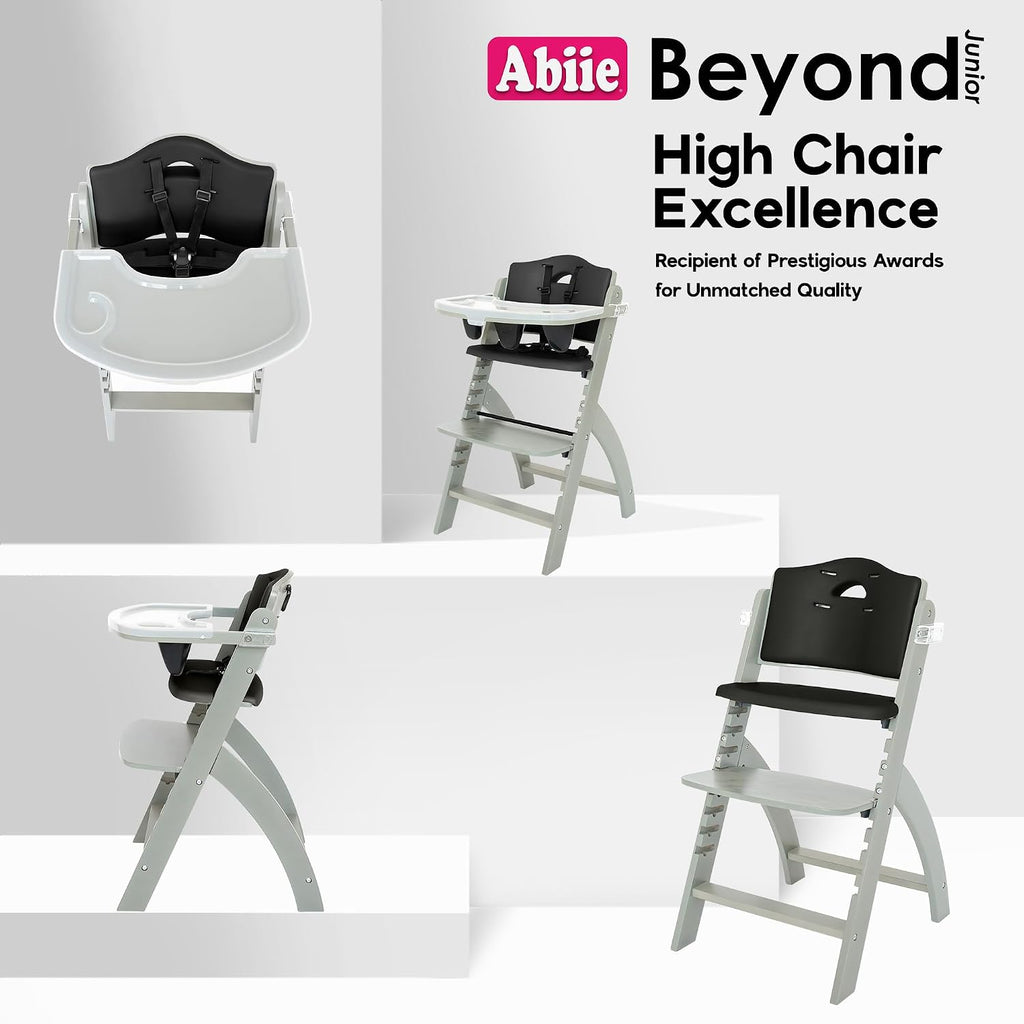 Abiie Beyond Junior Wooden High Chair for Babies and Toddlers - Convertible 3-in-1 Baby Highchair with Removable Tray - 6 Months to 250 Lb - Water Resistant - Misty Grey Wood/Black Pearl Cushion