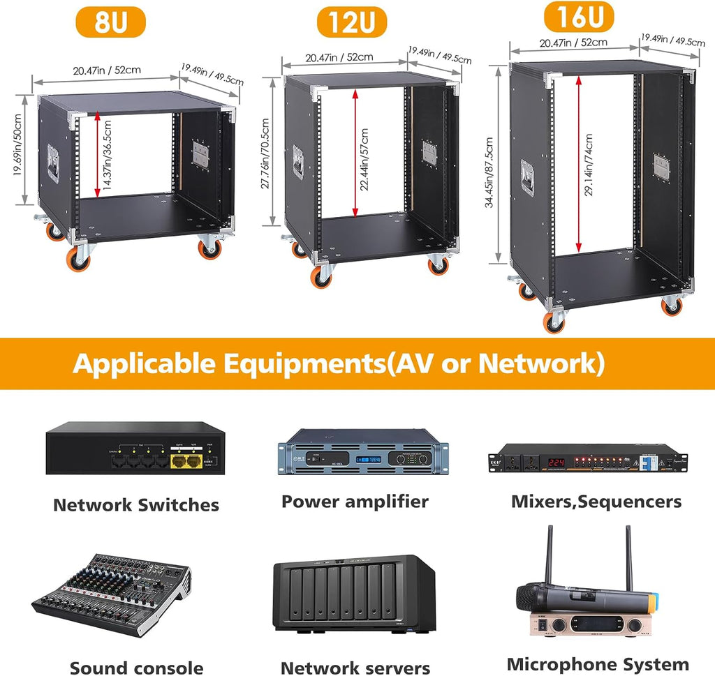 Movable AV Gear Rack 8U 19in Mobile Floor Standing Network Device Storage Cabinet Stand - Audio Stereo Studio DJ Equipment Rack Server IT Data Devices Storage Cabinet Enclosure with Castors