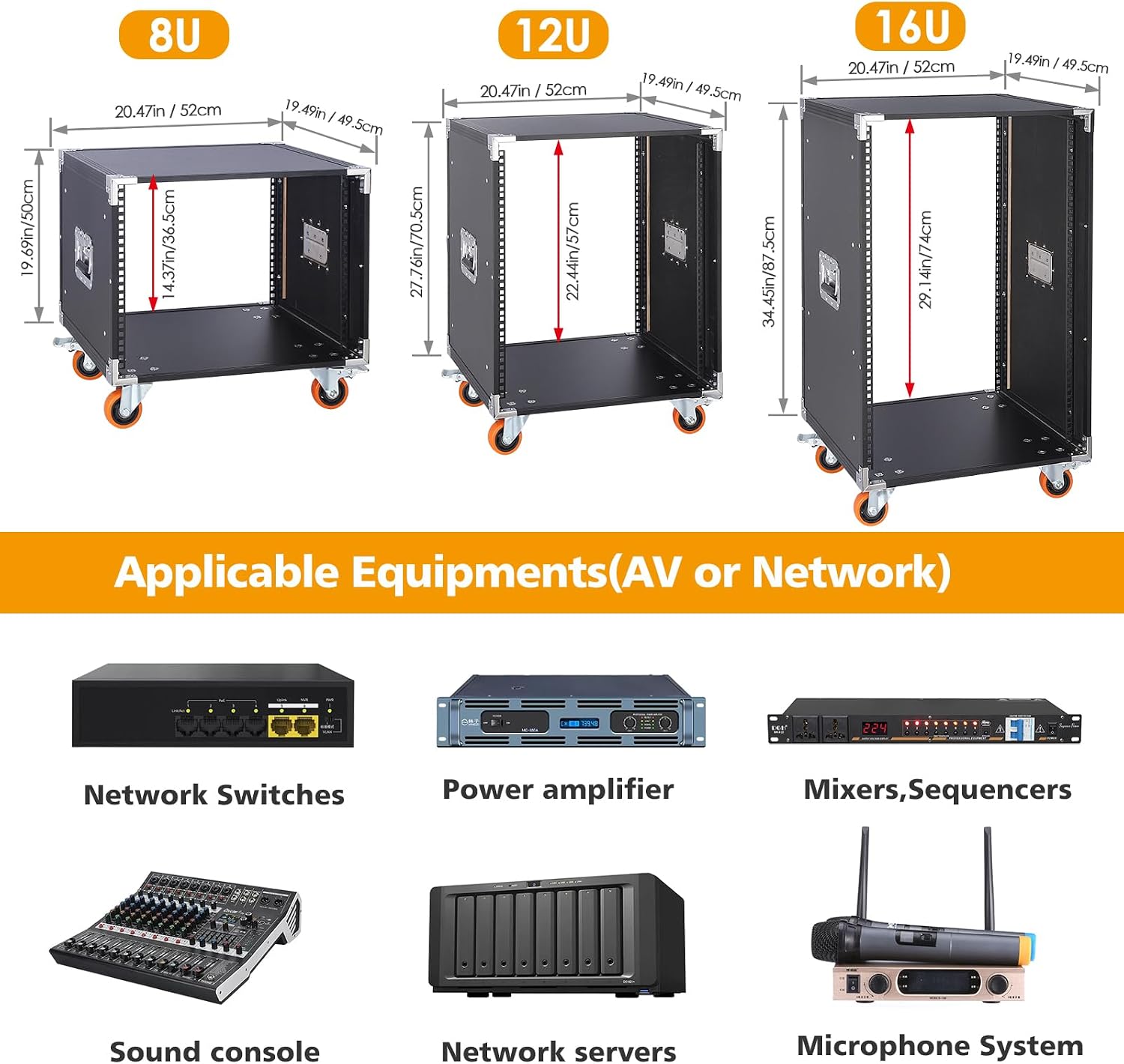 Movable AV Gear Rack 8U 19in Mobile Floor Standing Network Device Storage Cabinet Stand - Audio Stereo Studio DJ Equipment Rack Server IT Data Devices Storage Cabinet Enclosure with Castors