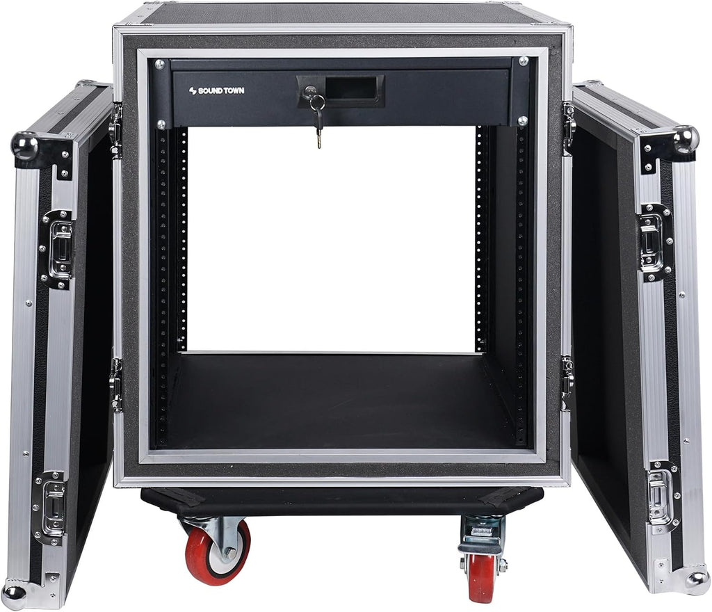 Sound Town Shock Mount 12U ATA Rack Case with 2U Drawer, 21' Rackable Depth, Casters - Pro Tour Grade (STRC-SP12D2)