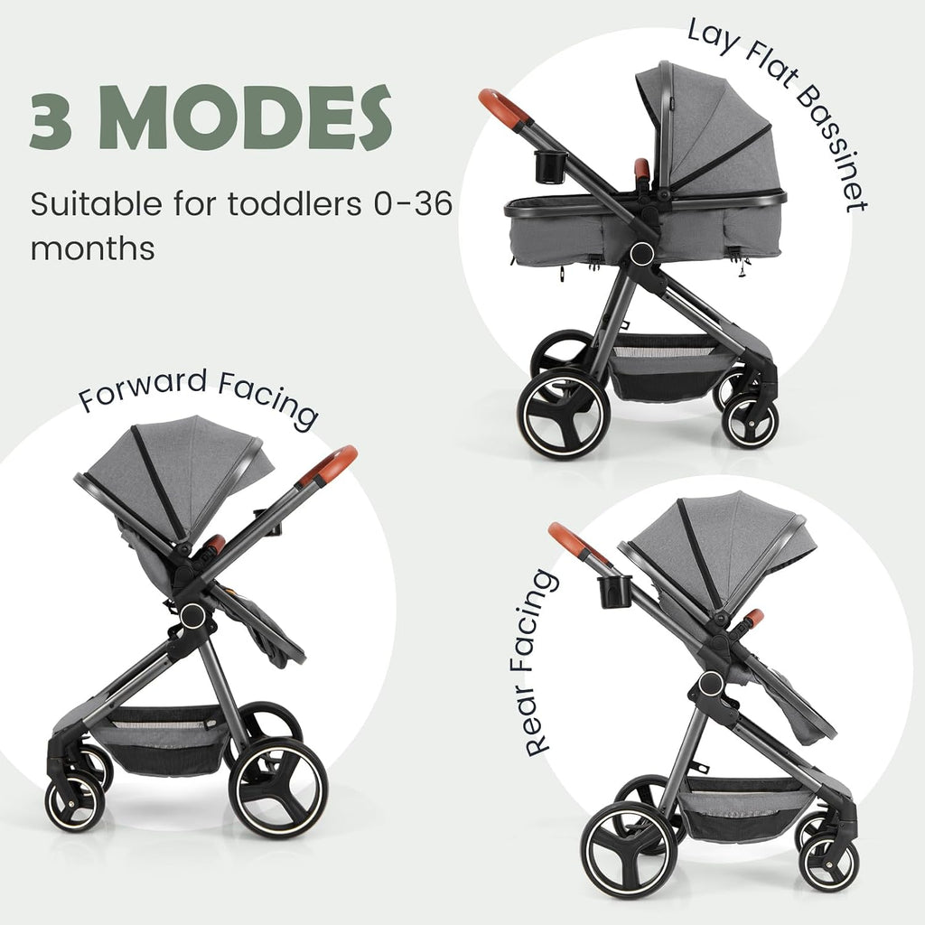 INFANS 2 in 1 Baby Stroller, Newborn Convertible Stroller Bassinet for Infant, Foldable High Landscape Shock Absorption with Reversible Seat, Aluminum Structure for Toddler Pushchair 0-36 Month