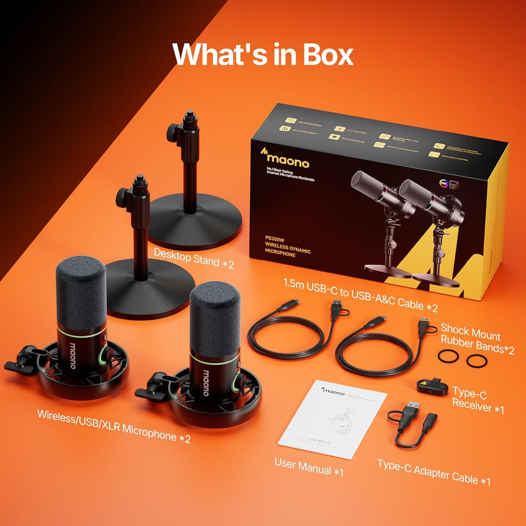 MAONO PD200W Hybrid Wireless Podcast Equipment Bundle for 2, XLR USB Dynamic Microphone Kit with 2 Desktop Stand, Software, Noise Cancellation, for Co-hosted podcast, Vocal Recording, Content Creation