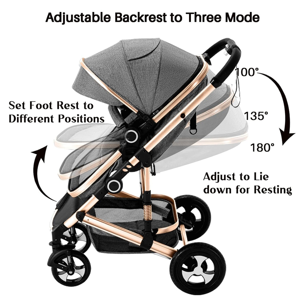 2 in 1 Baby Stroller, Convertible Pushchair Stroller w/Reversible Seat, Foldable Newborn Pram Carriage, Adjustable Canopy, Storage Basket, Diaper Bag & Cup Holder, 0-36 Months (Golden)