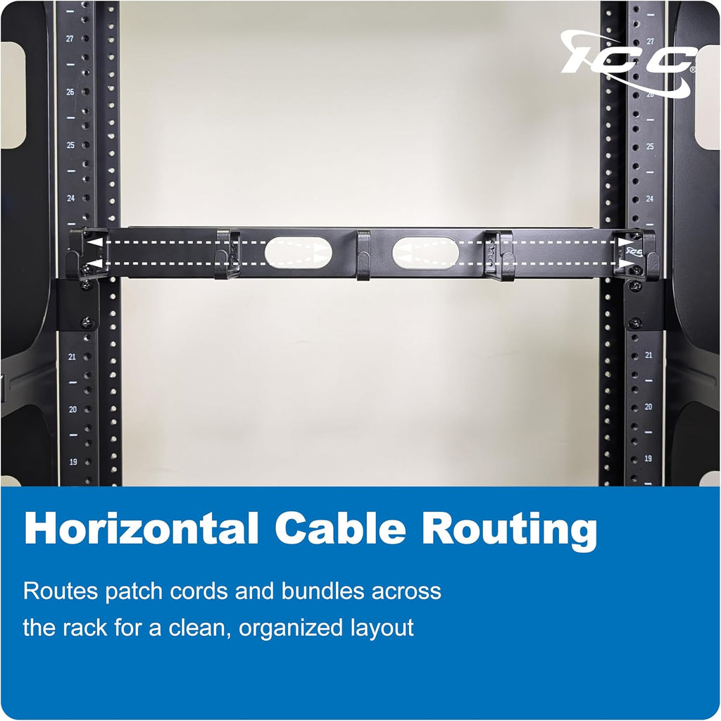 ICC 1U Ring Cable Manager Panel with Cover, Metal, 3' Cable Distribution D Rings, Horizontal Cable Management, Rackmount for 19' Network Racks, Black, 6-Pack