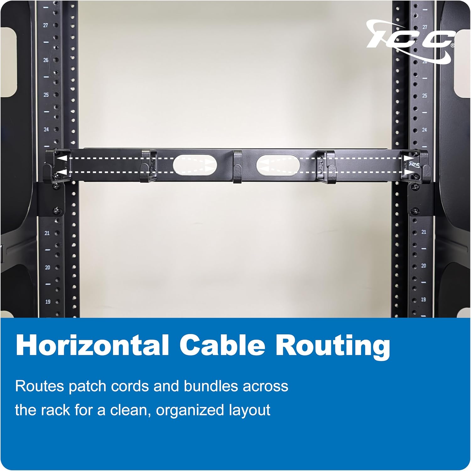 ICC 1U Ring Cable Manager Panel with Cover, Metal, 3' Cable Distribution D Rings, Horizontal Cable Management, Rackmount for 19' Network Racks, Black, 6-Pack