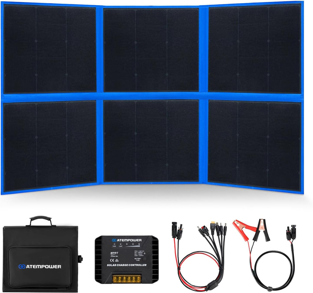 ATEM POWER 300W Portable Solar Panel, Foldable Solar Panel HPBC Chip, 20A MPPT Charger Controller 5V USB Output for 12/24V Battery/Power Station Outdoor Camper RV Hiking Durable Anti Cracking Coating