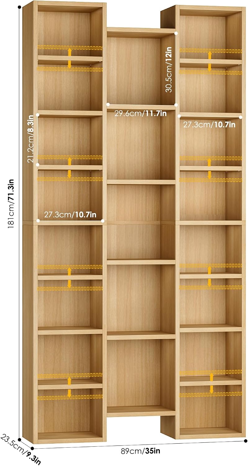 FOTOSOK 71'' Tall Bookshelf with 21 Cubes, 8 Tier Triple Wide Bookshelf with 8 Adjustable Shelves, 35' Wood Bookcase DVD/CD Media Tower Storage, Freestanding Display Shelf Cabinet, Natural
