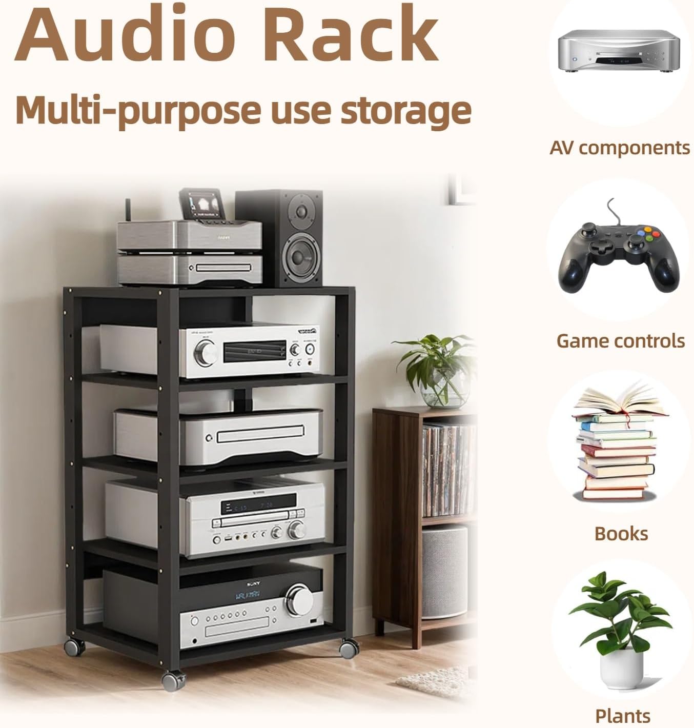5 Tier AV Media Stand, Audio Rack Tower Stereo Components Cabinet, Home Theatre CD Record Player Stereo Receiver Equipment Rack with Adjustable Wood Shelves, Load 220lbs (Black)