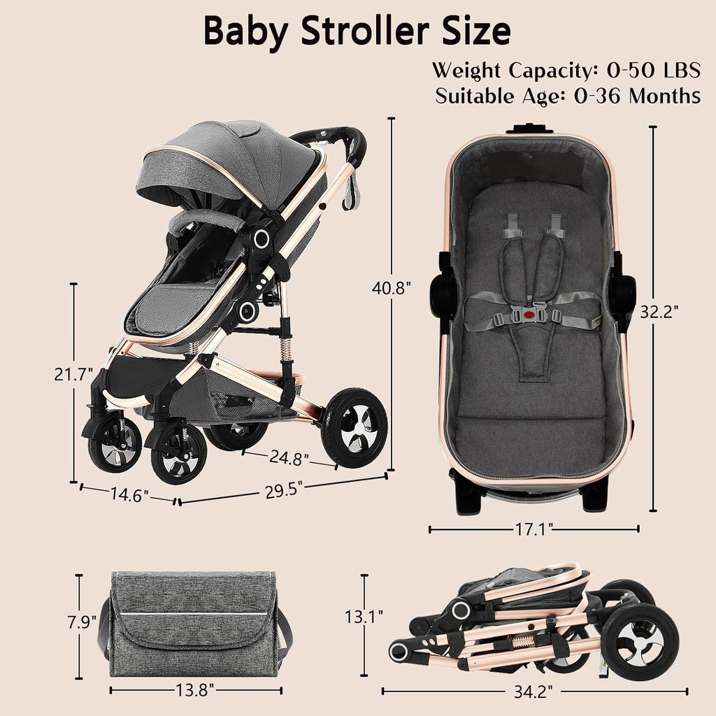 2 in 1 Baby Stroller, Convertible Pushchair Stroller w/Reversible Seat, Foldable Newborn Pram Carriage, Adjustable Canopy, Storage Basket, Diaper Bag & Cup Holder, 0-36 Months (Golden)