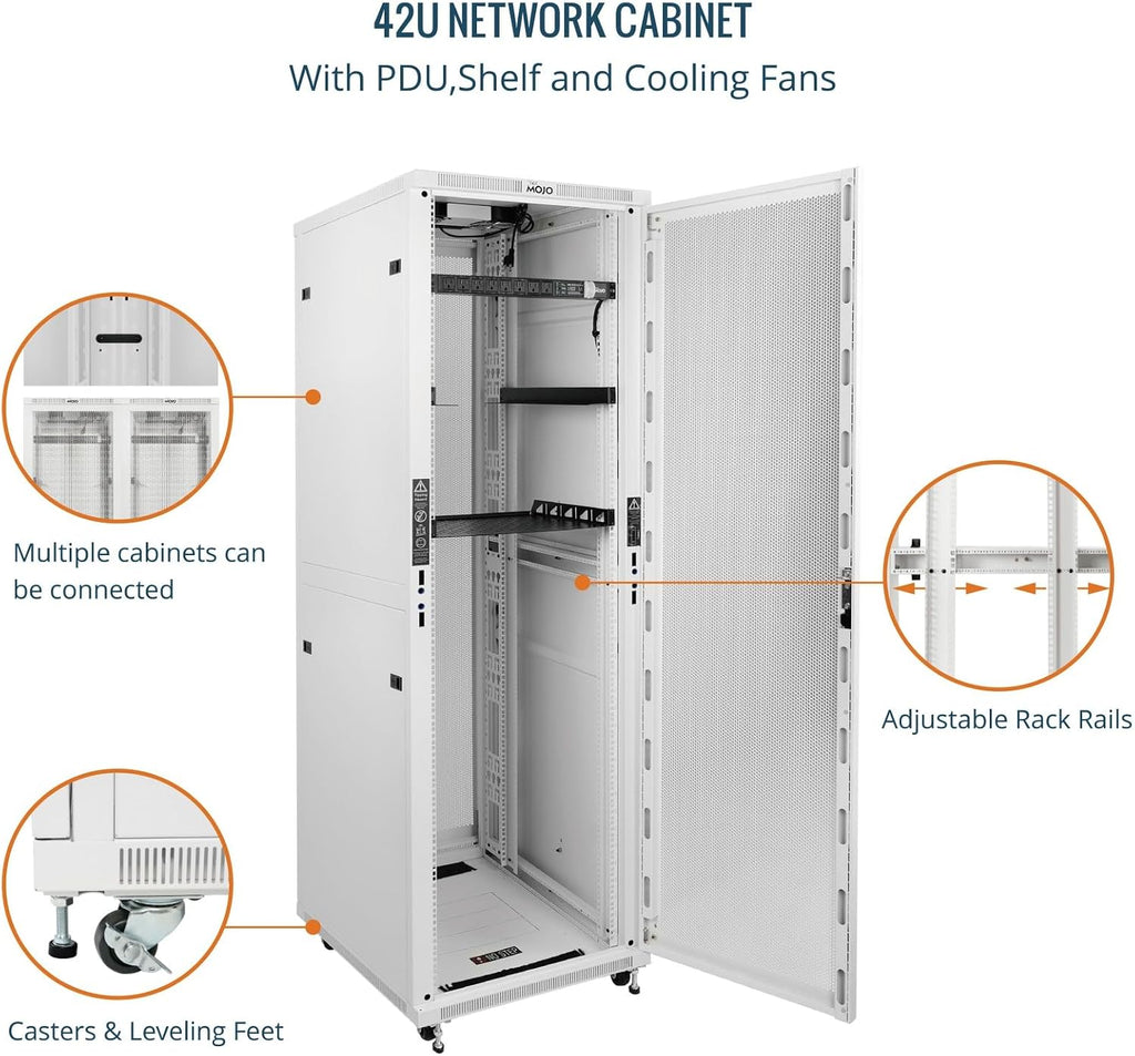 Tecmojo 42U Server Rack Network Cabinet 31.5' D x 23.6' W, Locking Data Cabinet Enclosure for 19' Server, Networking, AV & IT Equipment, Mesh Door, White