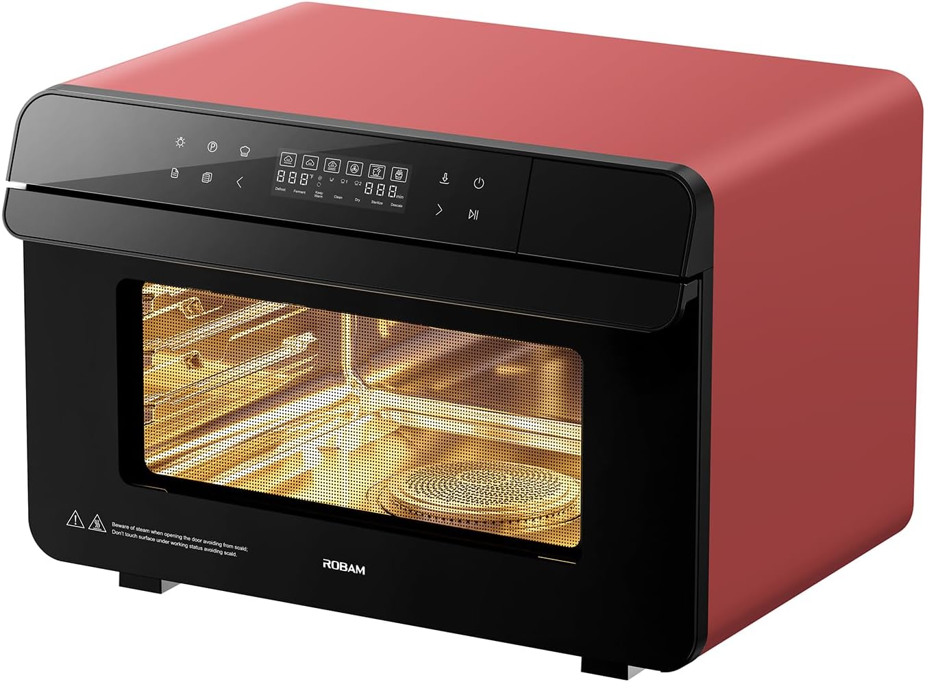 ROBAM Toaster Oven Air Fryer Combo R-BOX Red, 23QT Countertop Convection Steam Oven, Rapid Steam, Bake, Air Fry, Broil, Dehydrate, Defrost, Ferment, Steam Self-Clean, Touchscreen Control