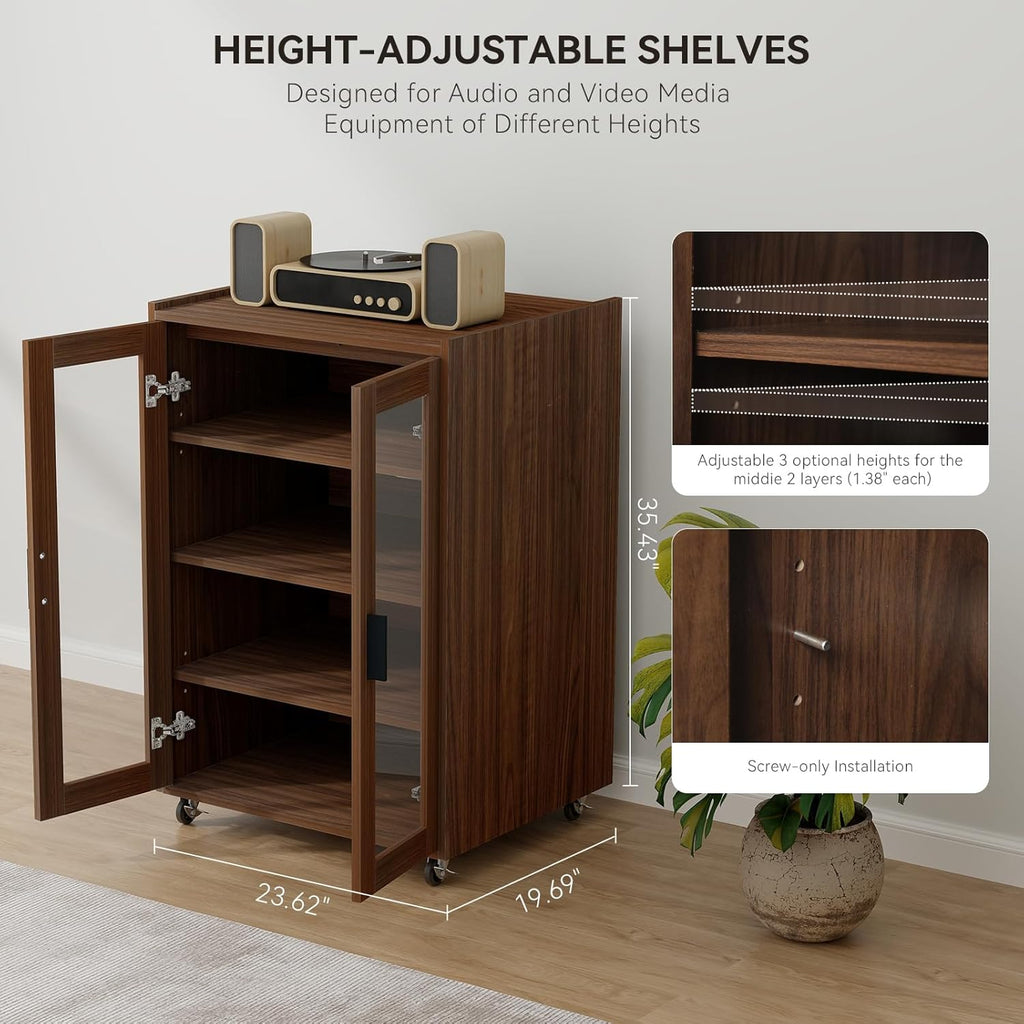 ELECWISH Media Storage Cabinet, Audio-Video Media Stand,Stereo Cabinet with 4 Height-Adjustable Shelves, AV Rack with Glass Doors for Meeting, Living, Recording Room, Brown