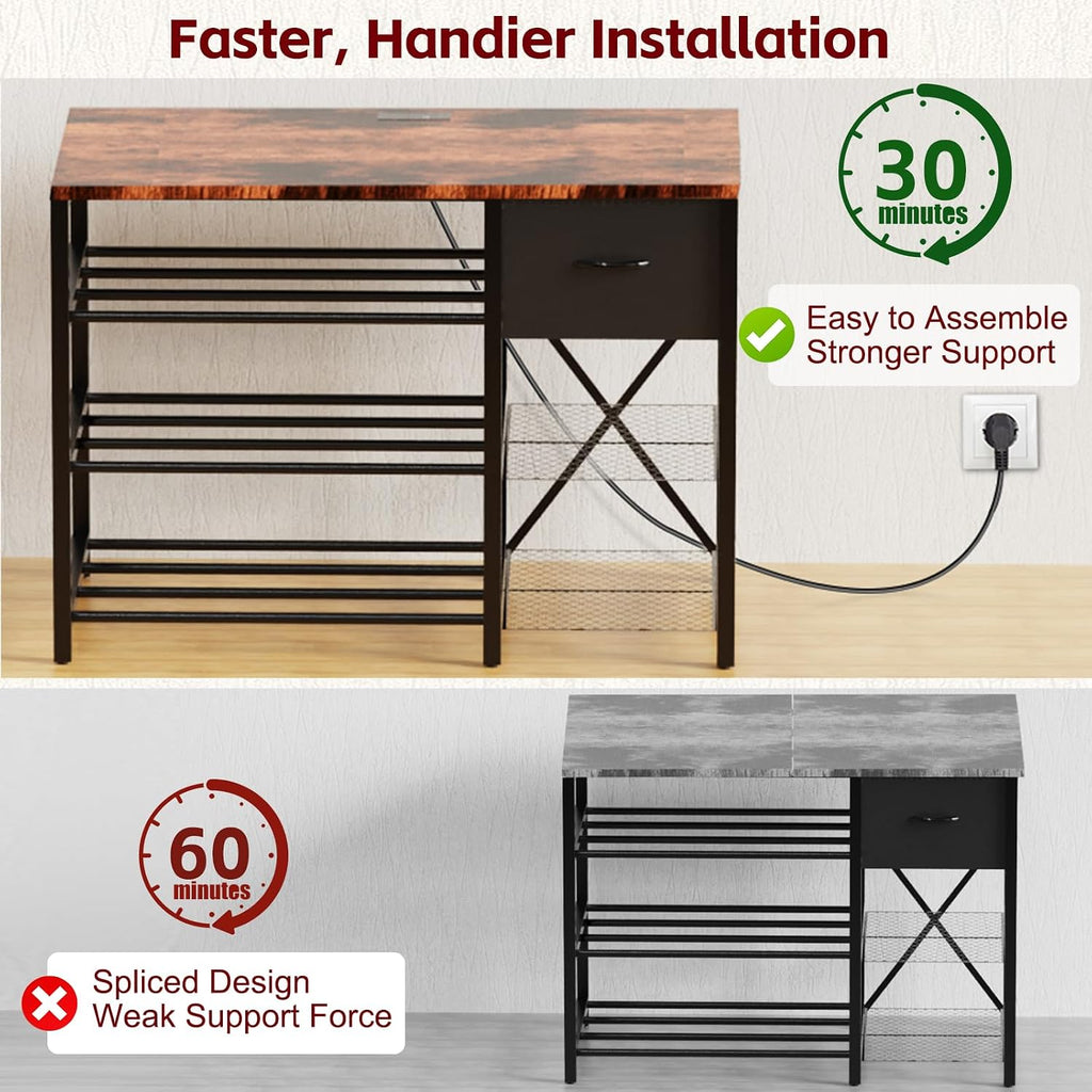 3D Printer Stand with Filament Storage Rack, 3D Printer Table with Power Outlet, 3-Tier Filament Holder with Drawer, 3D Printer Filament Stand Organized for Office Workshop Studio Office