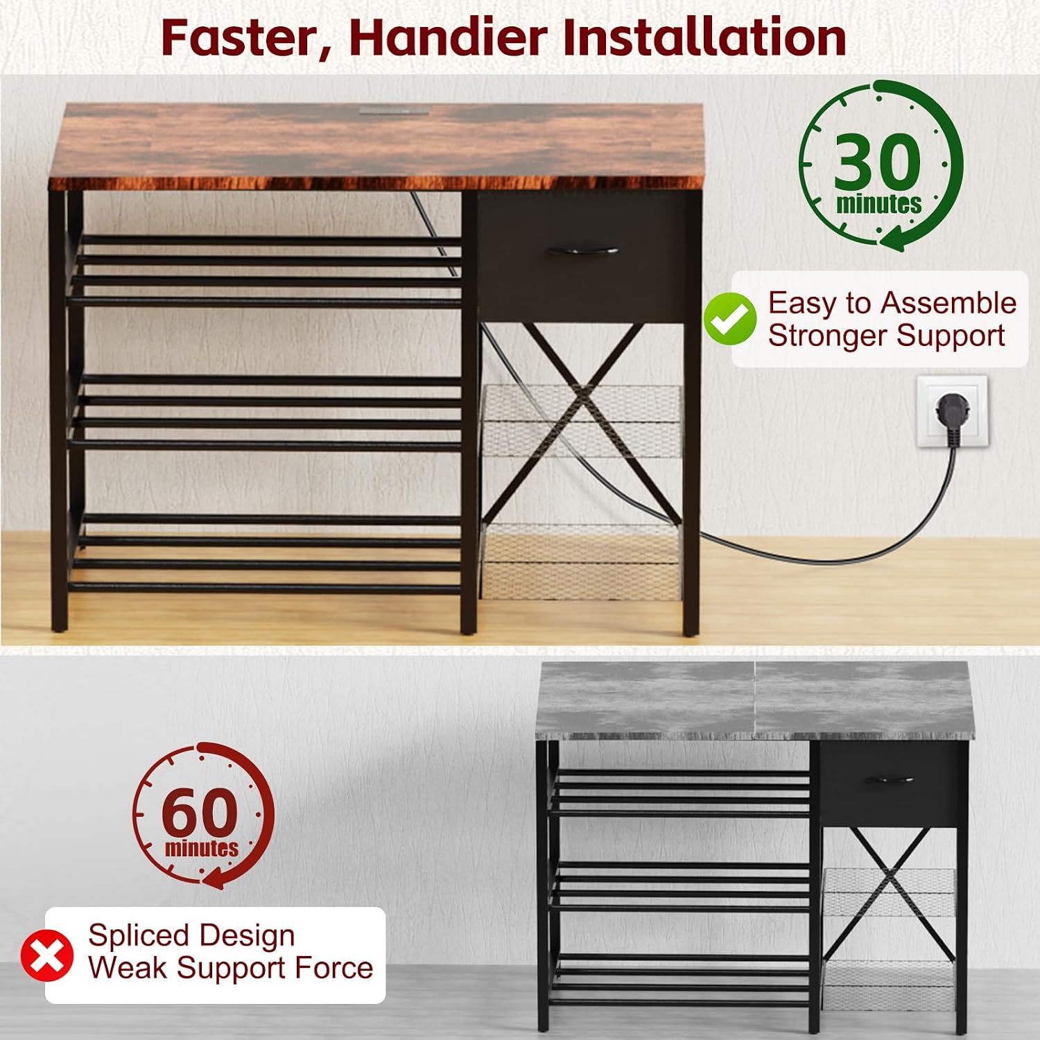 3D Printer Stand with Filament Storage Rack, 3D Printer Table with Power Outlet, 3-Tier Filament Holder with Drawer, 3D Printer Filament Stand Organized for Office Workshop Studio Office