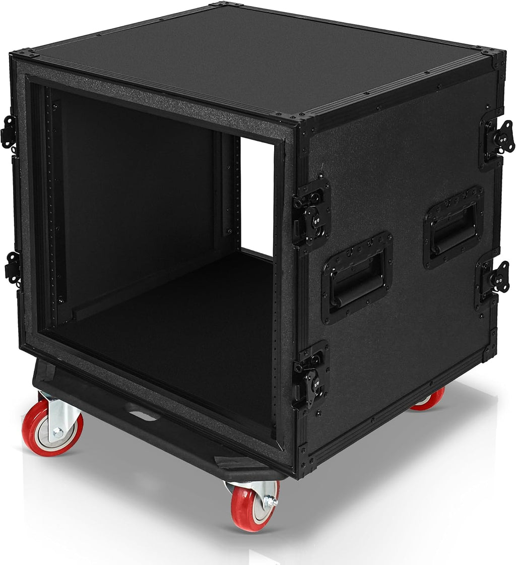 Sound Town Black Series Shock Mount 10U ATA Plywood Rack Case with 21' Rackable Depth, All-Black Anodized Hardware and Casters, Pro Tour Grade (STRC-SPB10UW)