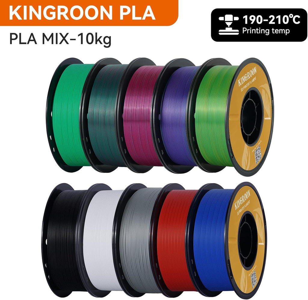 Kingroon PLA 3D Printer Filament,10 Rolls, 10kg Spool(22lbs),Single and Triple Color1.75 mm,4 Triple Color Silk PLA+6 PLA