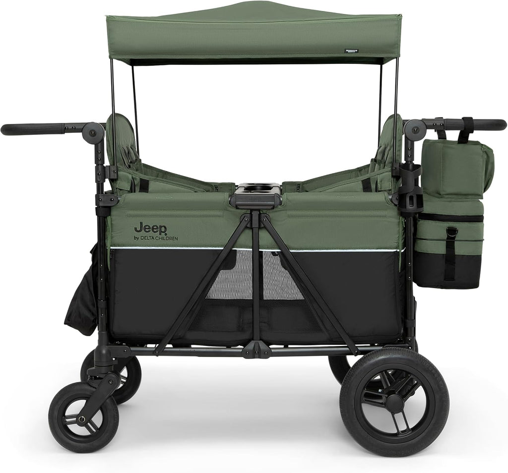 Delta Children - Jeep Wrangler Deluxe 4 Seater Stroller Wagon - Premium Quad Stroller Wagon for 4 Kids with Convertible Seats, Adjustable Push/Pull Handles, Removable Canopy & Flat Fold, Black/Green