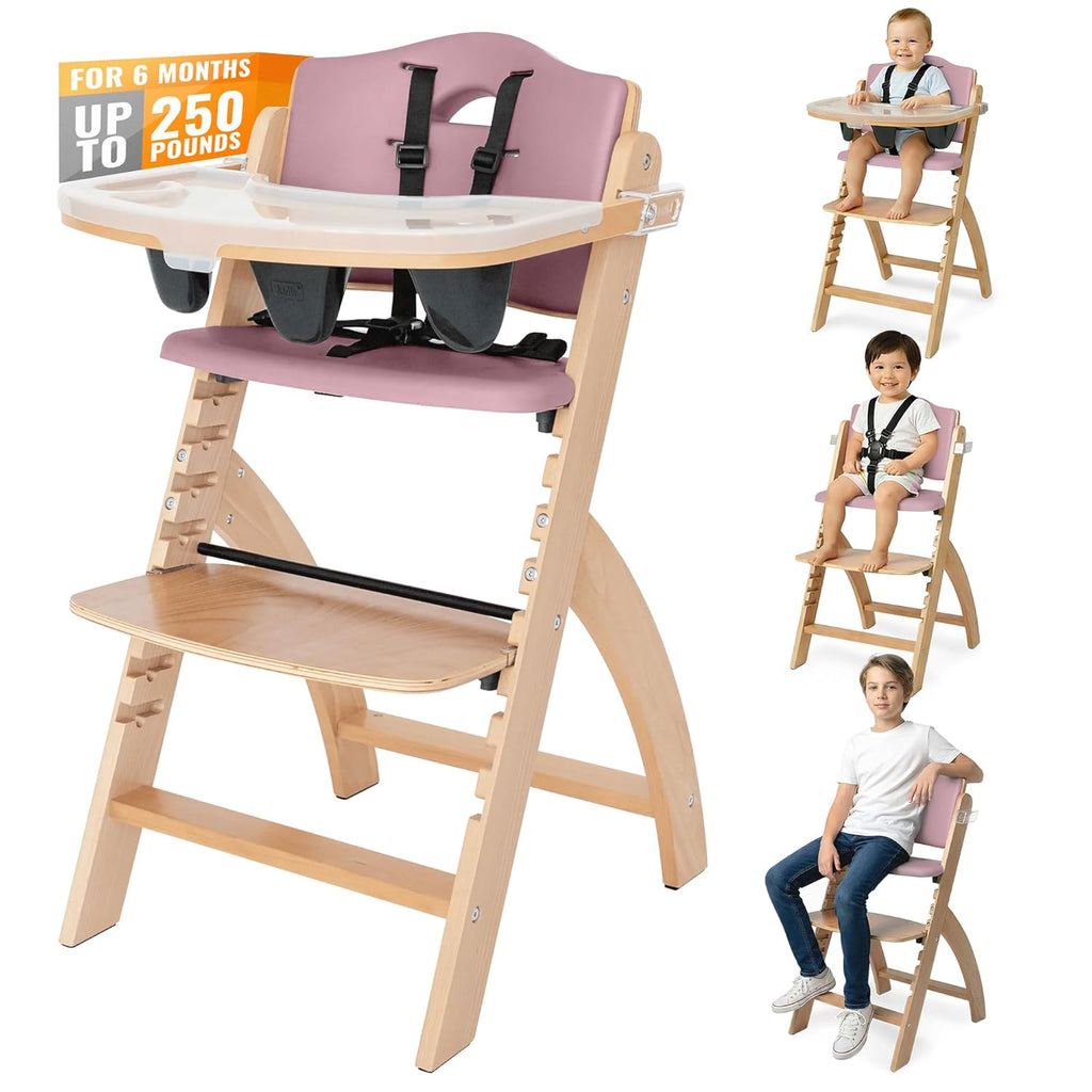 Abiie Beyond Junior Wooden High Chair for Babies and Toddlers - Convertible 3-in-1 Baby Highchair with Removable Tray - 6 Months to 250 Lb - Water Resistant - Natural Wood with Dusty Pink Cushion