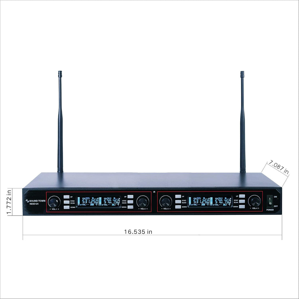 Sound Town 200-Channel Rack Mountable Professional Adjustable UHF Wireless Microphone System with Metal Receiver and 4 Handheld Mics (NESO-U4HH)