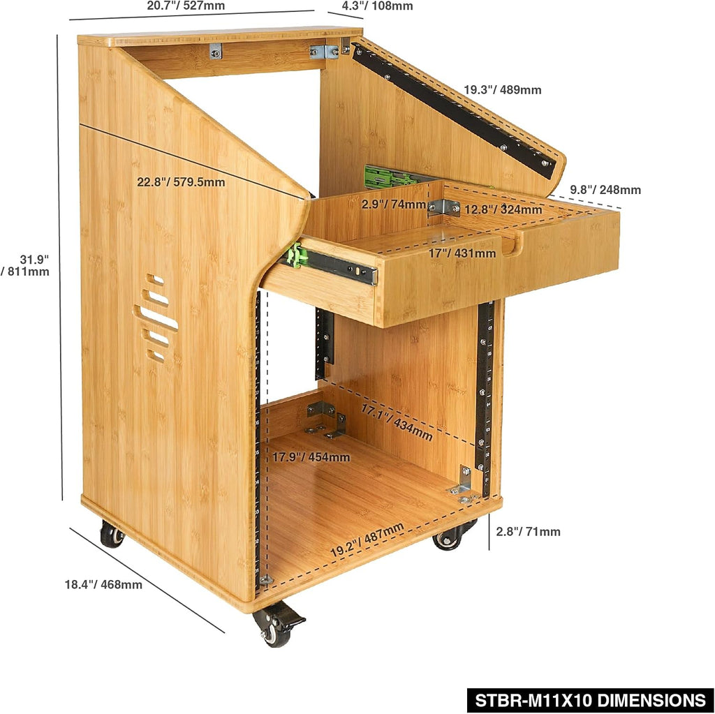 Sound Town DIY Solid Carbonized Bamboo Studio Rack with 11U Slant Mixer Top, 10U Front, 2U Drawer, Rubber Feet, Casters, for Recording Room, PA/DJ Equipment, Home-Audio (STBR-M11X10)