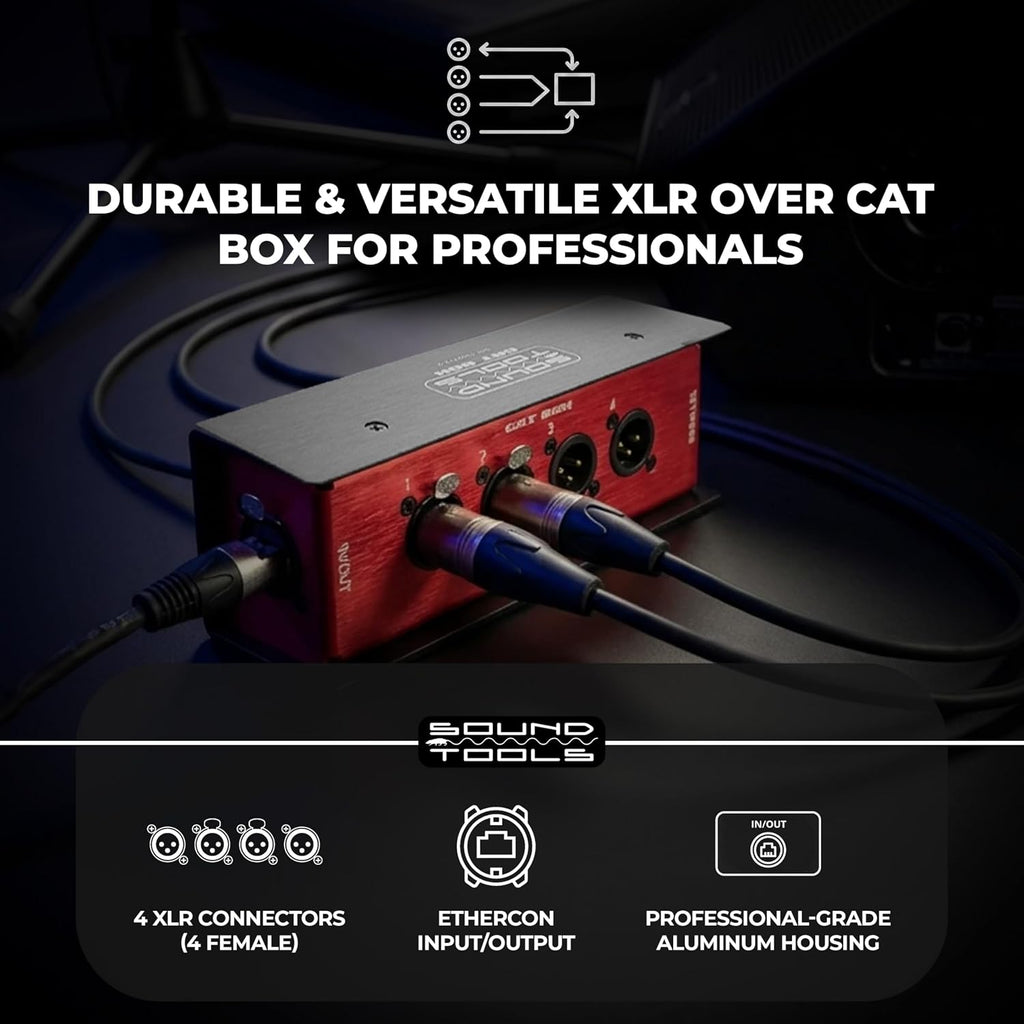 Sound Tools CAT Box MX – 4 Male with Passive Analog Audio for etherCON Daisy Chain – 4 Channel XLR Over CAT5e Stage Box – DMX, COM, AES & 3-pin XLR Compatible – Rugged Aluminum Housing