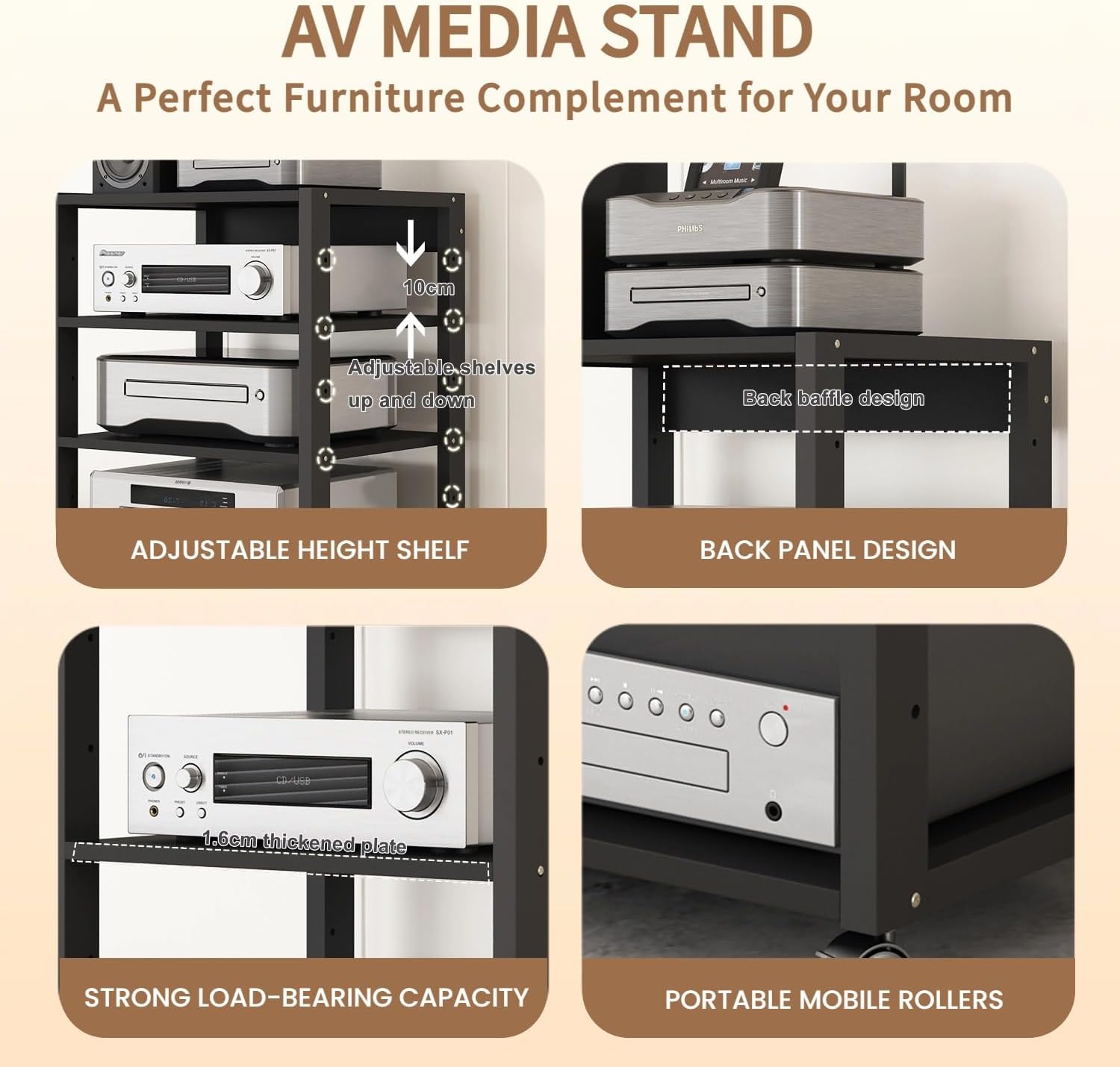 5 Tier AV Media Stand, Audio Rack Tower Stereo Components Cabinet, Home Theatre CD Record Player Stereo Receiver Equipment Rack with Adjustable Wood Shelves, Load 220lbs (Black)