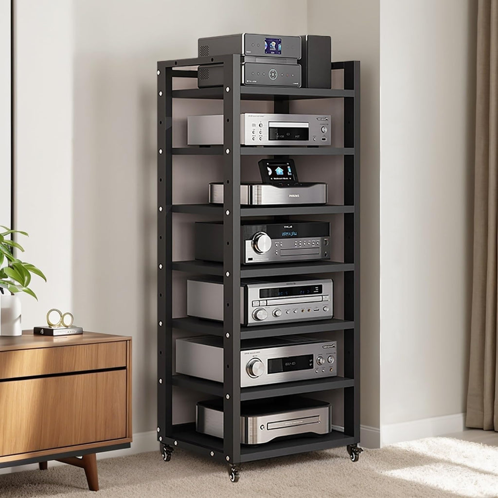 7-tier Av Media Stand, Audio Rack With Adjustable Shelves, Stereo Racks And Stands With Wheels, Stereo Rack For Home, Office, Theater(B)