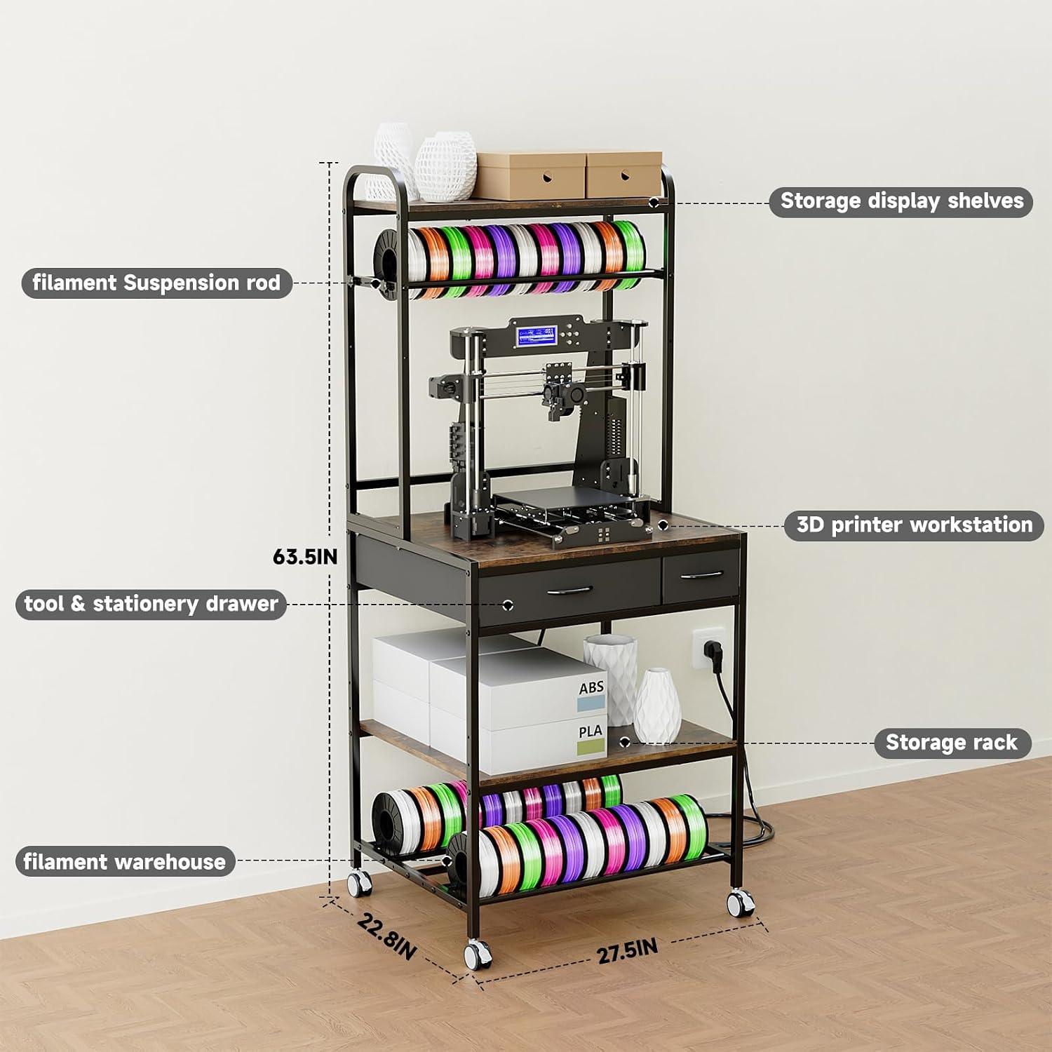 RoleDes Heavy Duty 3D Printer Stand with Filament Rack & Spool Holder System,Drawer Tool Storage with Adjustable Shelves, Large Printing Table & Workstation with Wheels