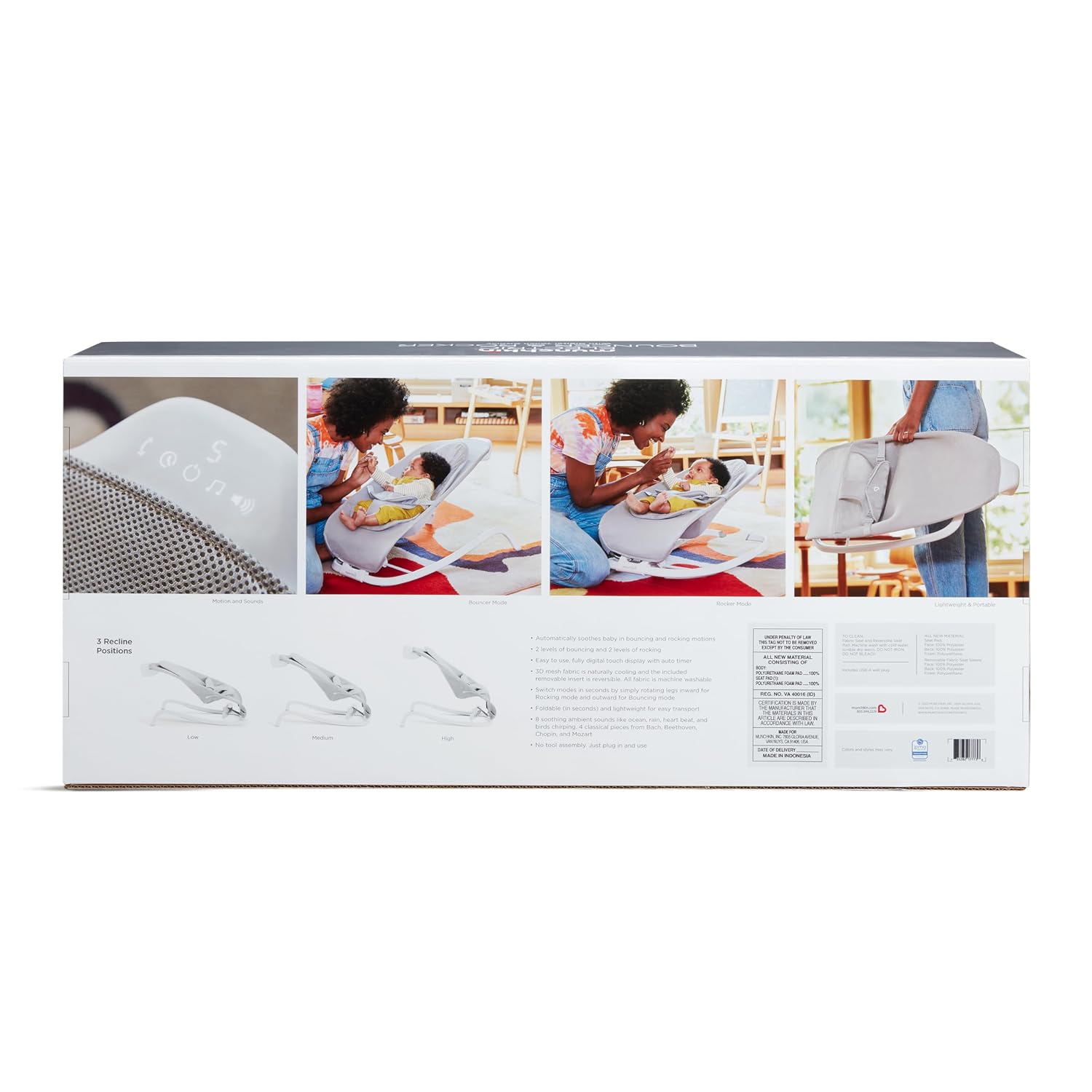 Munchkin® Electric Baby Bouncer & Rocker with Digital Touch Display, Soothing Sounds & 3 Recline Positions - Automatic Bouncing & Rocking, Grey