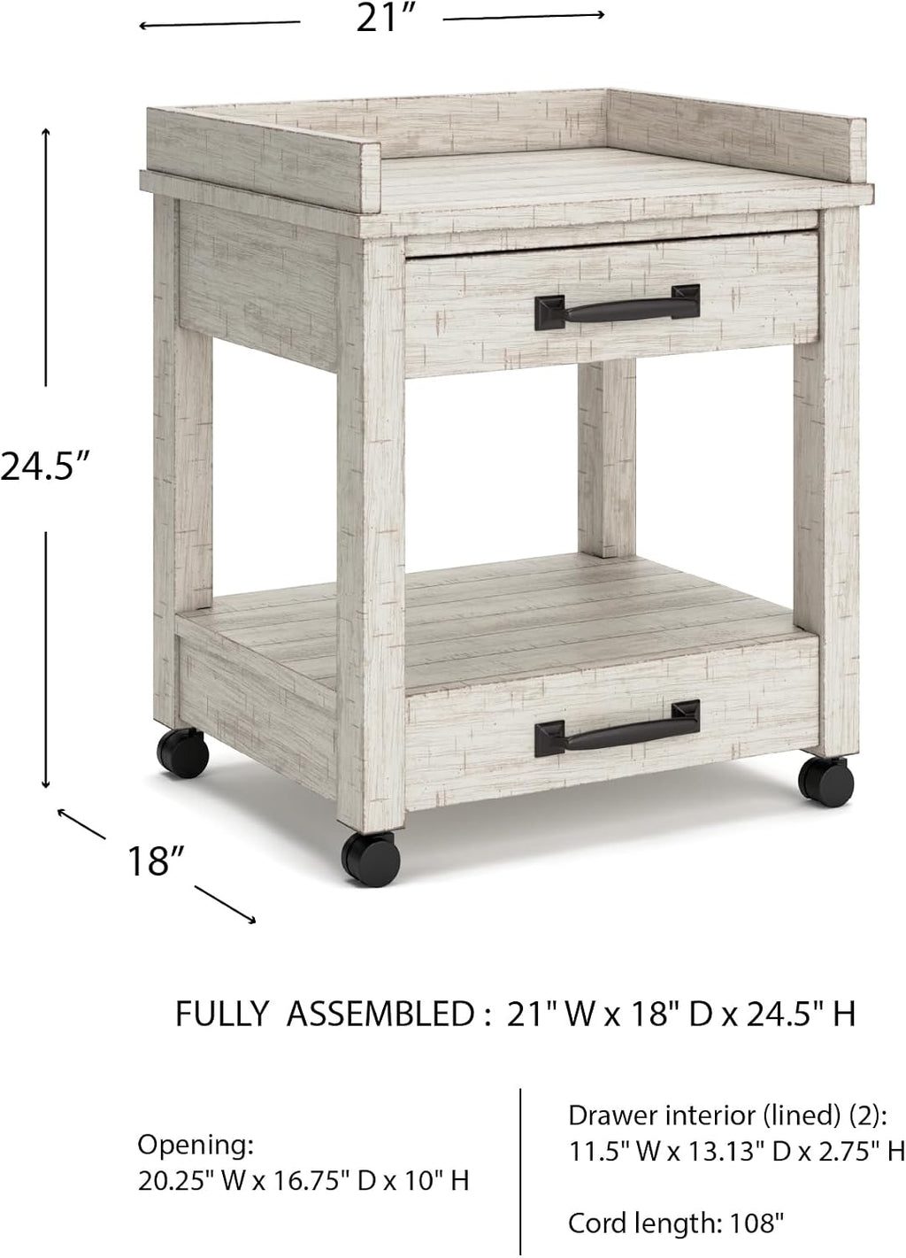 Signature Design by Ashley Carynhurst Rustic Farmhouse Printer Stand with Casters, Whitewash