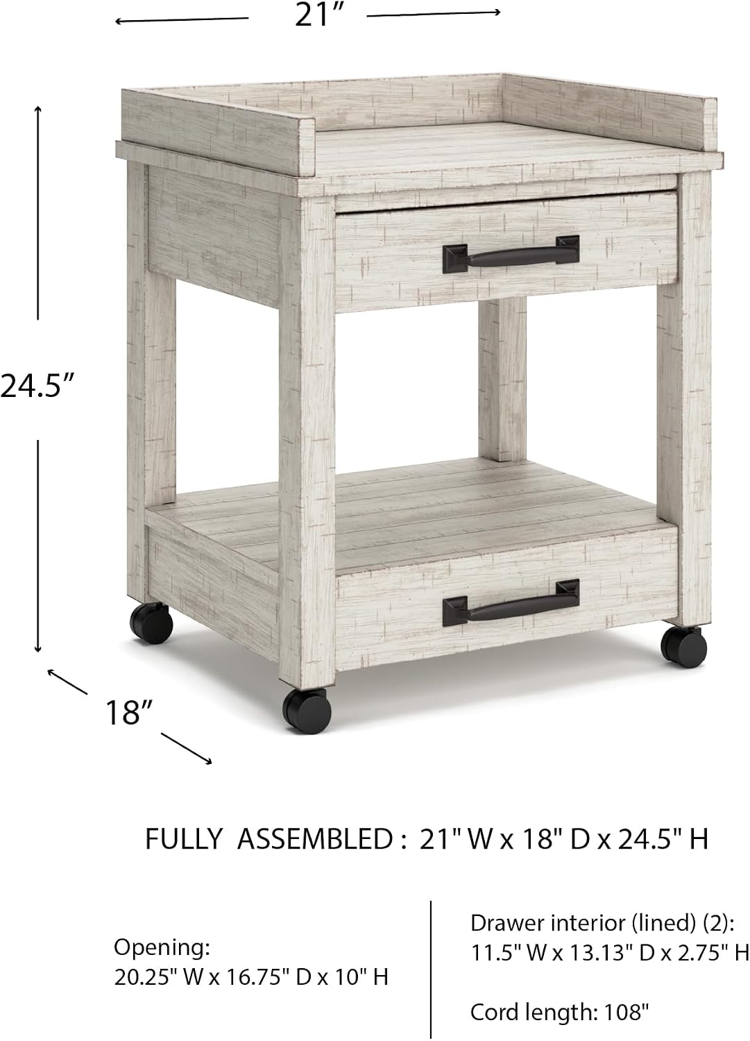 Signature Design by Ashley Carynhurst Rustic Farmhouse Printer Stand with Casters, Whitewash