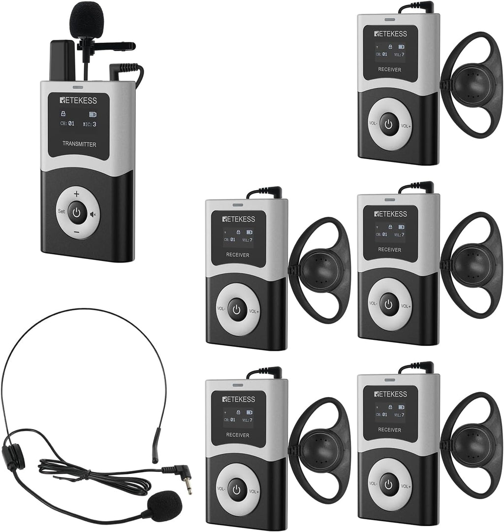 Retekess T130U (4th Generation T130) Wireless Tour Guide System, 200 m, 40H, HiFi U-Band Digital Sound Quality, Tour Guide Headset for Church, School (1 Transmitter and 5 receivers)