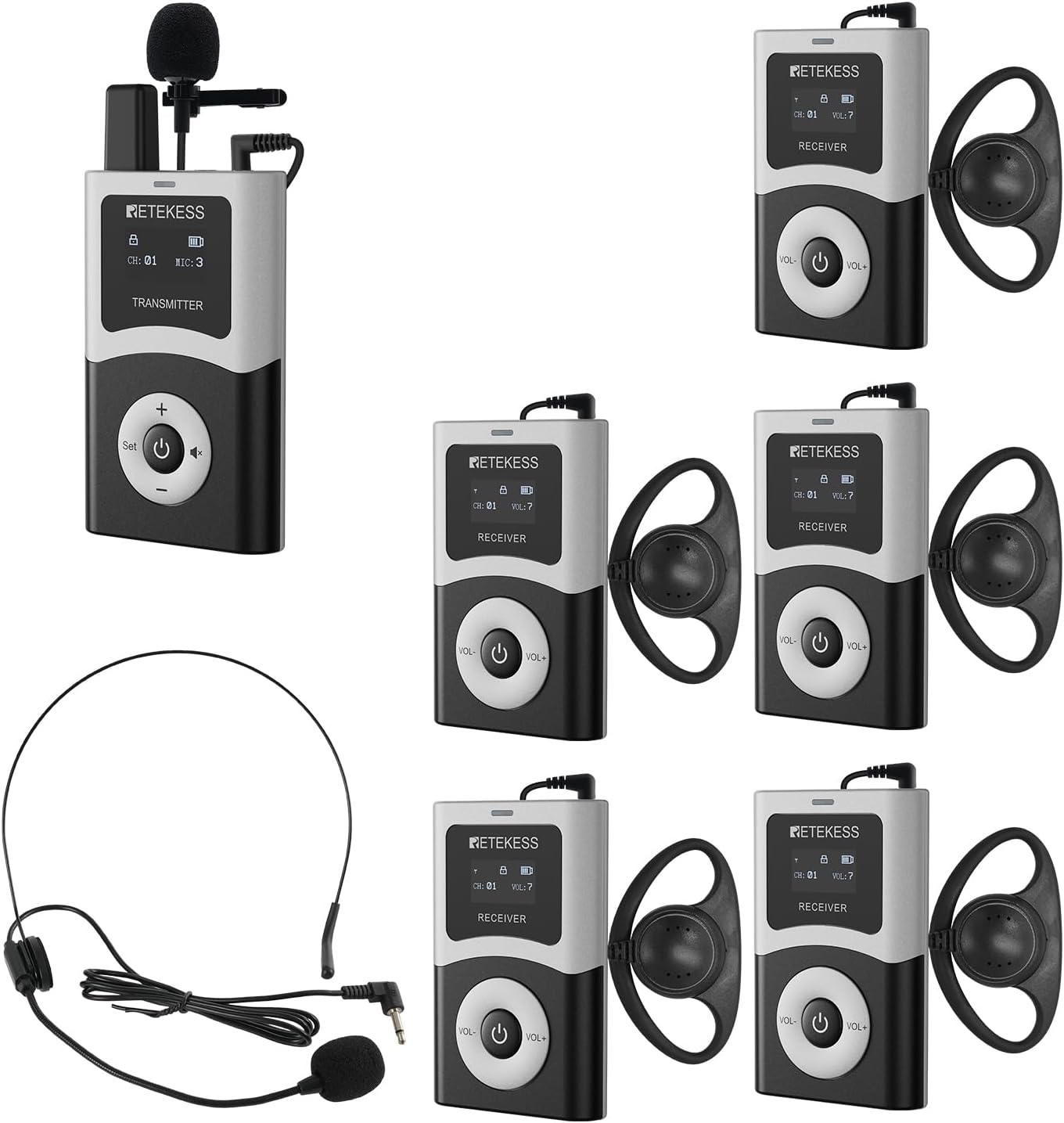 Retekess T130U (4th Generation T130) Wireless Tour Guide System, 200 m, 40H, HiFi U-Band Digital Sound Quality, Tour Guide Headset for Church, School (1 Transmitter and 5 receivers)