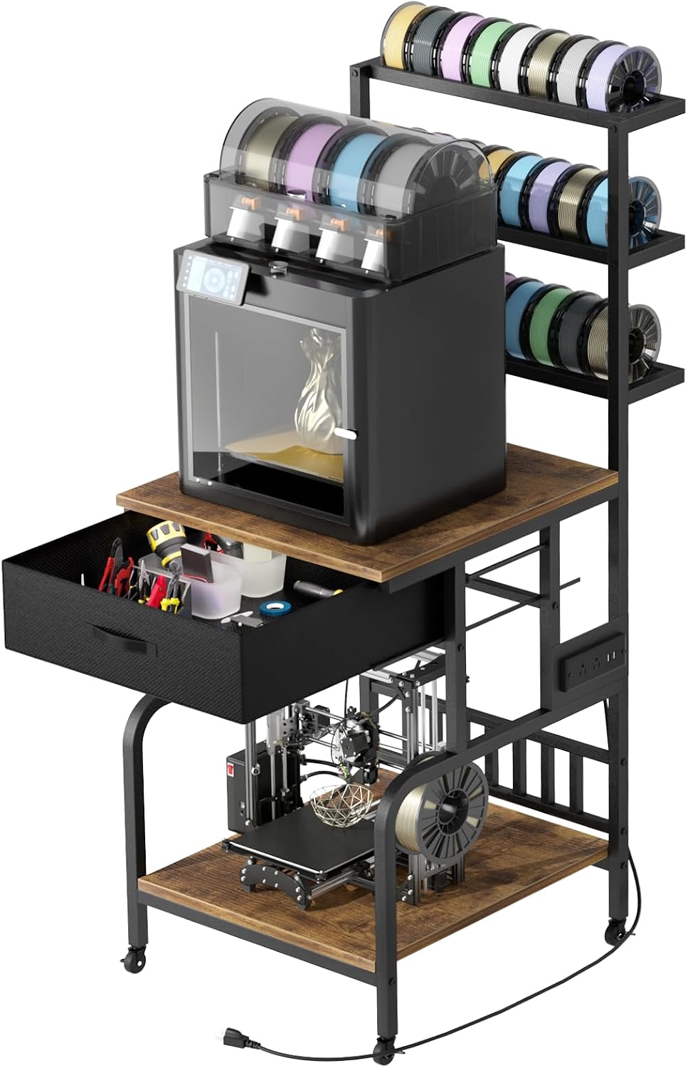 3D Printer Stand with Filament Storage,3D Printer Rack with Storage Drawer，Heavy-Duty 3D Printers Table with Power Outlet，for ABS/PLA/TPU Spools, Home Office Studio Rustic Brown
