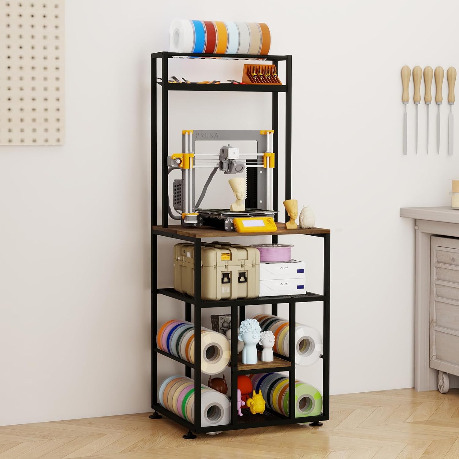 PUNCIA 3-Tier Heavy Duty 3D Printer Stand with Filament Storage Rack – Sturdy Organizer for PLA ABS PETG Spools, Compatible with FDM SLA Resin Printers, Durable Shelf for Home Studio Workshop Makers