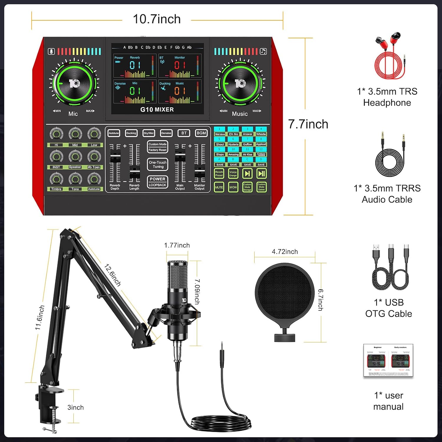 Podcast Equipment Bundle with 3.5mm Condenser Microphone for Pc/Phone Live Streaming Singing Gaming, Podcast Microphone Bundle with Live Sound Board Audio Mixer,Noise Reduction,DJ Sets