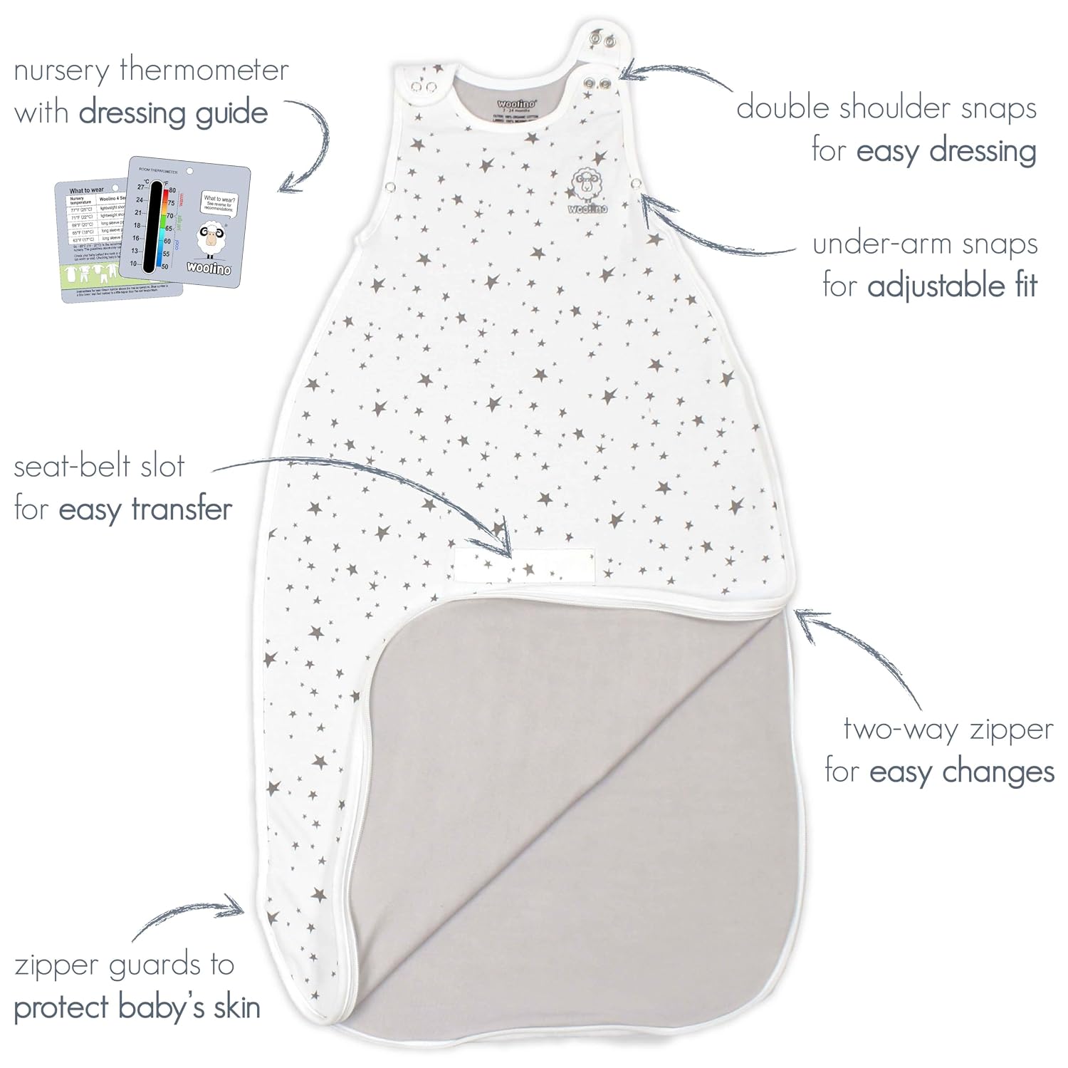 Woolino Merino Wool & Organic Cotton Baby Sleep Sack 2-24 Months – Ultimate 4-Season Baby Sleeping Bag, Universal Size Wearable Blanket, 2-Way Zipper & Adjustable Fit, Year-Round Use - Polar Bear