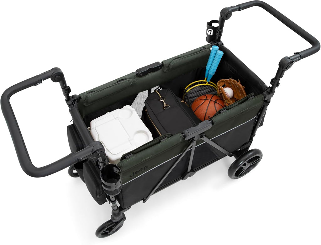 Jeep Aries Stroller Wagon by Delta Children Premium Wagon for 2 Kids with Convertible Seats, Adjustable Push/Pull Handles, Removable Canopy & Flat Fold - Greenguard Gold Certified, Black/Green
