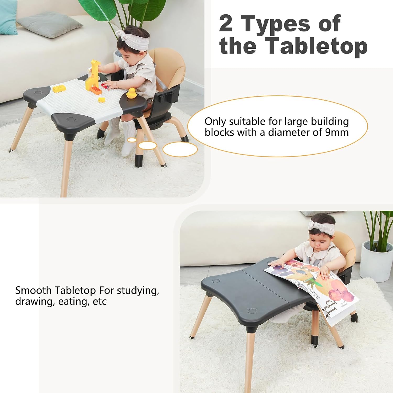 Baby High Chair, 7 in 1 Convertible High Chairs for Babies and Toddlers, Kids Learning Table, Building Block Table, Toddler Dining Chair with 360° Rotating Seat, 5-Point Safety Harness (Black)