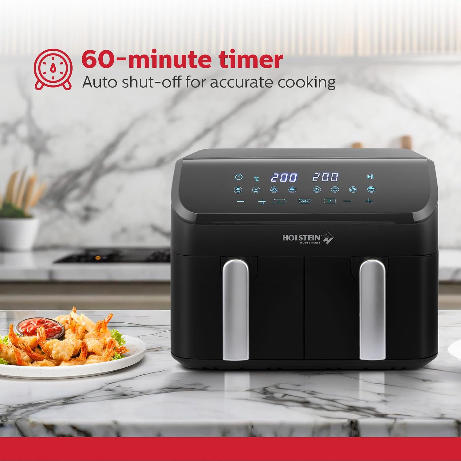 Holstein Housewares 9.5 QT Dual Basket Digital Air Fryer, Independent Controls - Non-Stick, Healthy Cooking with Less Oil, 8 Presets, Fry, Roast, Bake & Grill, LED Display & Dishwasher-Safe Parts