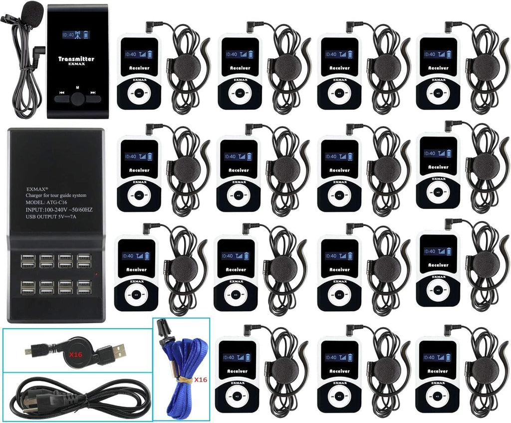 EXMAX® ATG-100T 195MHz Wireless Tour Guide System Simultaneous Translation Interpreting Equipment for Church Translator in Your Ear Translation Devices 1 Transmitter 15 Receivers Charge Station
