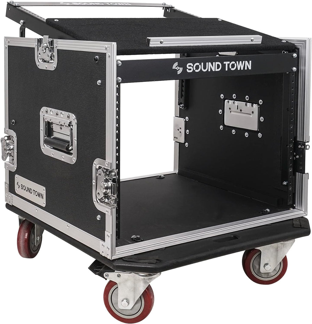 Sound Town Enhanced Thickness 1/2' (12mm) Plywood 8U Audio Rack/Road ATA Case with 11U Slant Mixer Top, 20'' Rackable Depth, Casters, 8 Space Size, Pro Tour Grade (STMR-8UW)